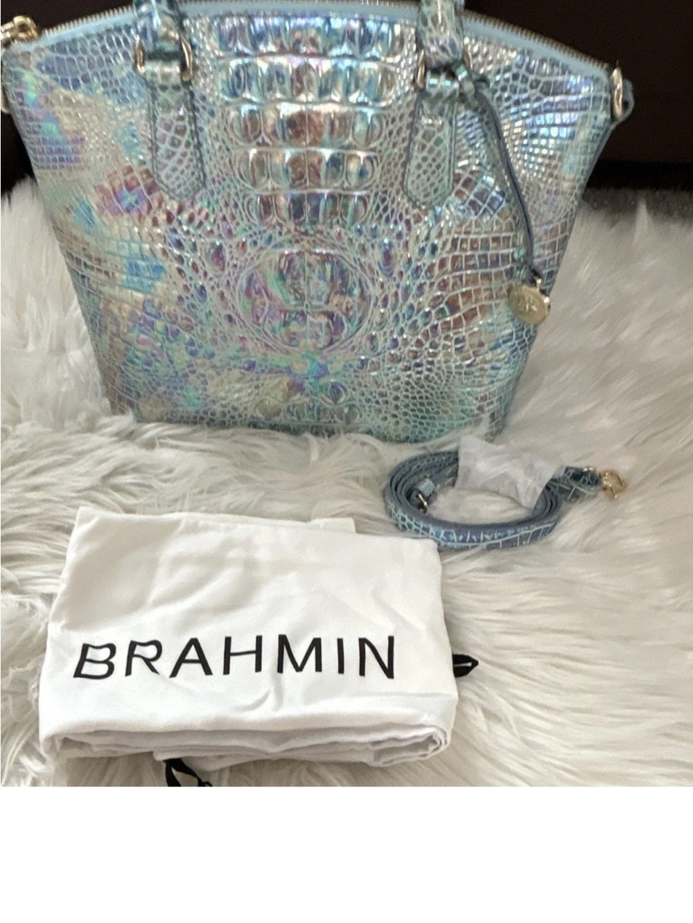 Brahmin wonderland Iridescent Aqua Blue Croc-Embossed Duxbury Satchel - Picture 3 of 8